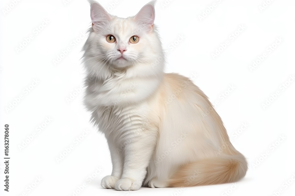 Obraz premium A fluffy white cat sits gracefully, showcasing its elegant fur and attentive expression against a plain background.