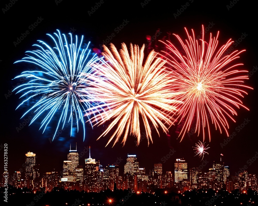 A vibrant display of fireworks illuminates a city skyline at night, celebrating a festive occasion with colorful explosions in the sky. A vibrant display of fireworks illuminates a city skyline at night, celebrating a festive occasion with colorful explosions in the sky.