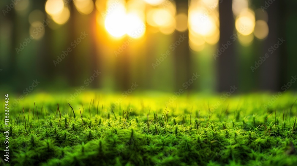 Obraz premium A serene forest scene featuring lush green moss illuminated by soft sunlight, creating a tranquil atmosphere.