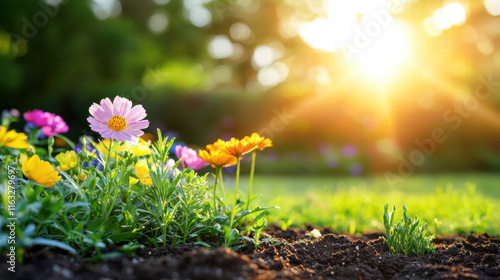 vibrant flower garden with colorful blooms and sunlight shining