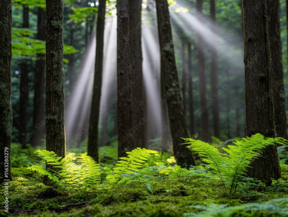 Fototapeta premium A serene forest scene with sunlight streaming through tall trees, illuminating lush ferns and moss, creating a tranquil and mystical atmosphere.