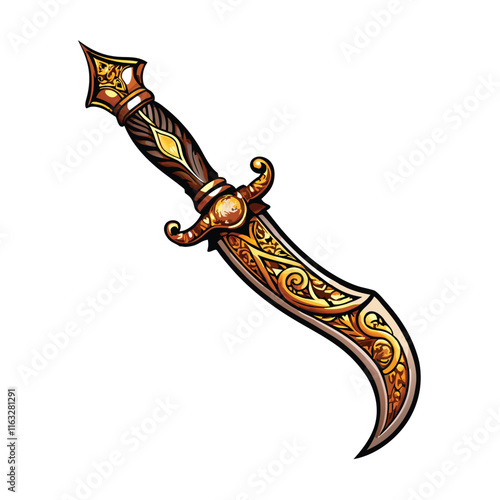 Generate a highly detailed image of an ornate Persian scimitar, showcasing its intricate hilt and curved blade.  Focus on the beautiful craftsmanship and embellishments.
