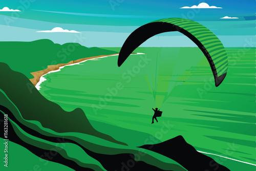 Vector illustration of a person paragliding above a stunning coastal landscape, vibrant colors, detailed design.