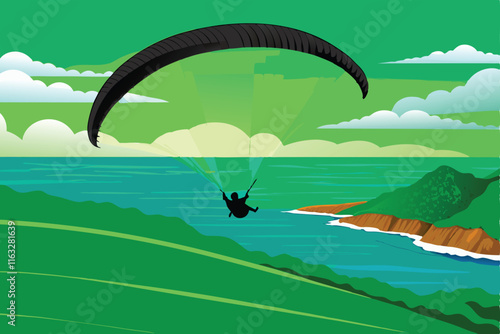 A vibrant vector illustration of a person paragliding gracefully over a stunning coastal landscape, showcasing the thrill of the sport.