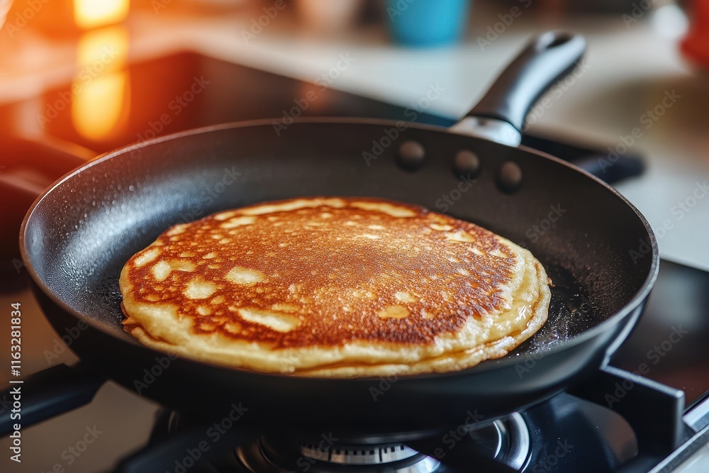 Golden Brown Pancake Cooking on a Nonstick Pan with Kitchen Background, Capturing the Perfect Breakfast Atmosphere and Home Cooking Experience Golden Brown Pancake Cooking on a Nonstick Pan with Kitchen Background, Capturing the Perfect Breakfast Atmosphere and Home Cooking Experience