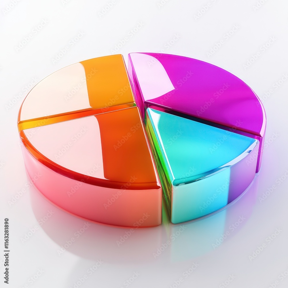 Obraz premium The image features a glossy, multicolored pie chart divided into four sections, showcasing vibrant hues that represent data visualization.