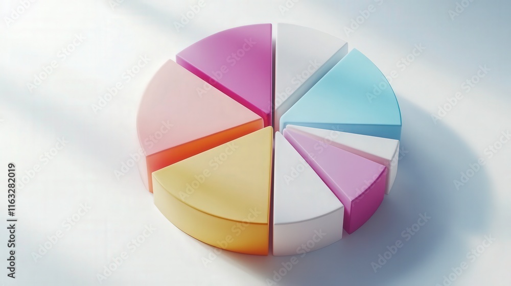 Fototapeta premium A colorful pie chart with sections in various pastel shades, representing data distribution or proportions. The design is modern and visually appealing, suitable for presentations or reports.