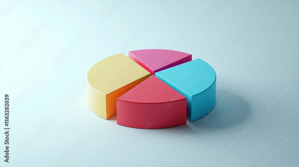Obraz premium A 3D pie chart composed of four segments in different colors, representing data visualization or statistical information.