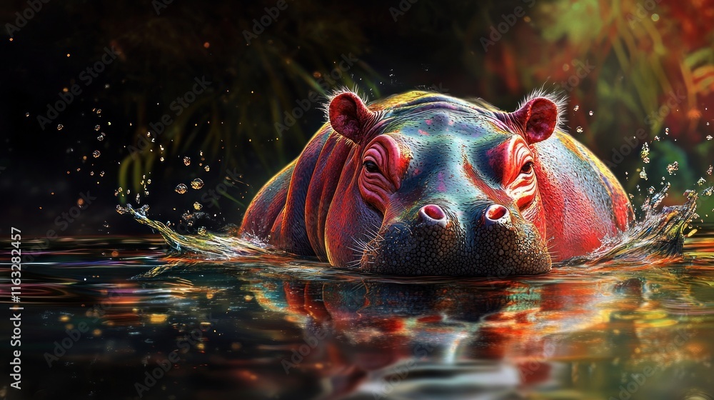 Fototapeta premium A charming baby hippo with vibrant red skin and delicate white accents, resting on a reflective water surface; animated splashes create a dynamic visual.