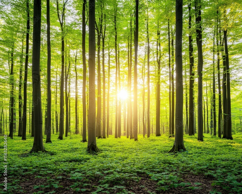 Fototapeta premium A serene forest scene with tall trees and sunlight filtering through the leaves, creating a peaceful atmosphere.