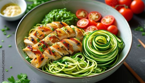 Healthy Paleo Zucchini Noodles Bowl with Grilled Chicken and Fresh Vegetables photo