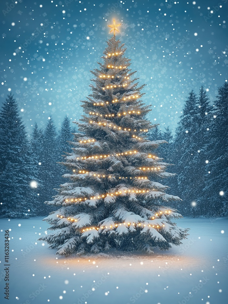 Snowy winter scene shows decorated Christmas tree in snowy forest at night. Festive lights illuminate snow-covered tree. Soft snowfall adds to magical, peaceful atmosphere. Perfect for holiday cards Snowy winter scene shows decorated Christmas tree in snowy forest at night. Festive lights illuminate snow-covered tree. Soft snowfall adds to magical, peaceful atmosphere. Perfect for holiday cards