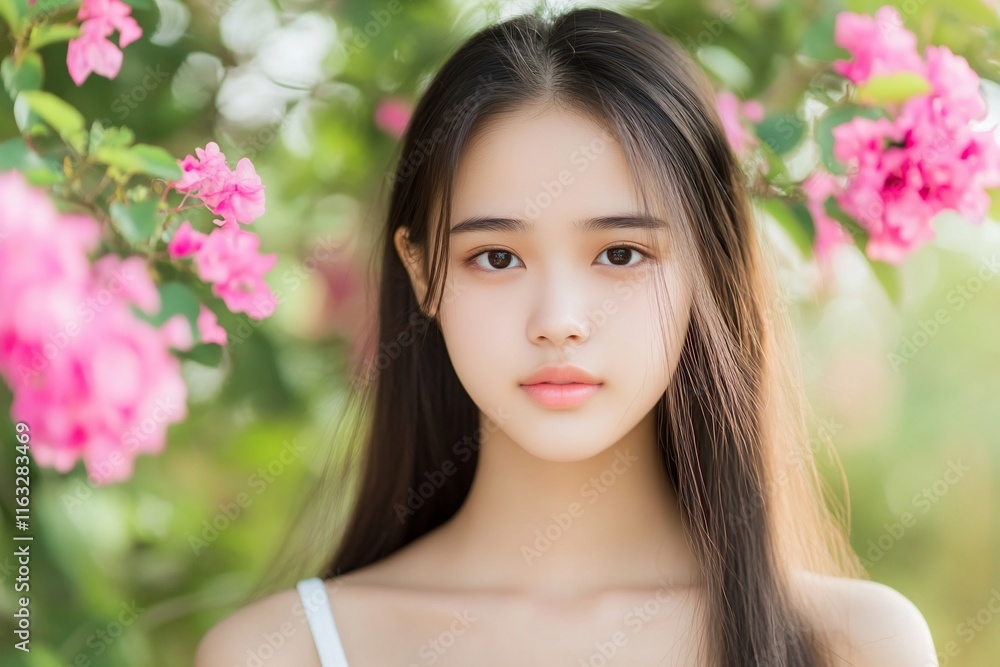 A serene portrait of a young woman surrounded by vibrant flowers. A serene portrait of a young woman surrounded by vibrant flowers.