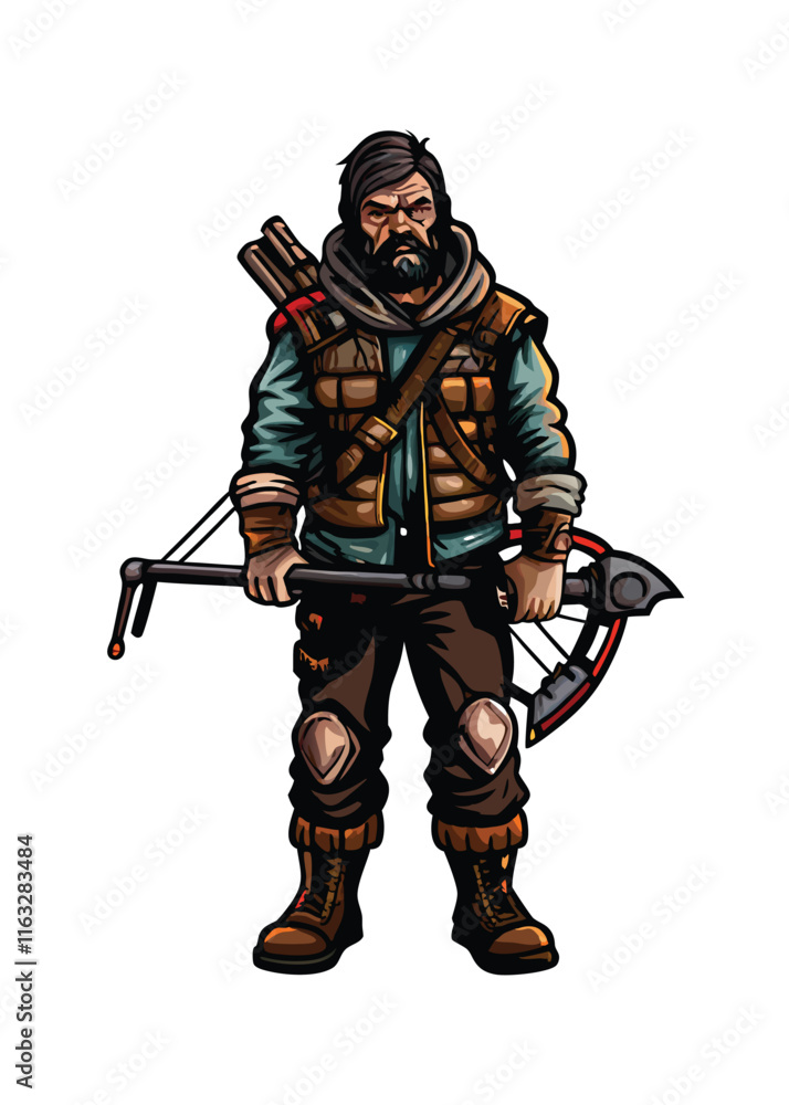 A gritty, weathered post-apocalyptic survivor, clad in scavenged clothing and battle-worn gear, stares defiantly into the camera. Show detailed textures and environmental grime. A gritty, weathered post-apocalyptic survivor, clad in scavenged clothing and battle-worn gear, stares defiantly into the camera. Show detailed textures and environmental grime.
