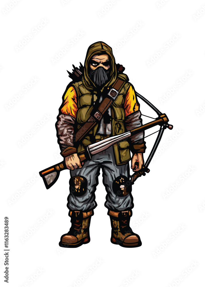 A gritty, weathered post-apocalyptic survivor, clad in scavenged clothing and carrying makeshift weapons, stares defiantly into the camera. Focus on texture and detail of the attire. A gritty, weathered post-apocalyptic survivor, clad in scavenged clothing and carrying makeshift weapons, stares defiantly into the camera. Focus on texture and detail of the attire.