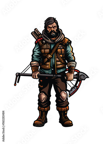 A gritty, weathered post-apocalyptic survivor, clad in scavenged clothing and battle-worn gear, stares defiantly into the camera.  Show detailed textures and environmental grime.