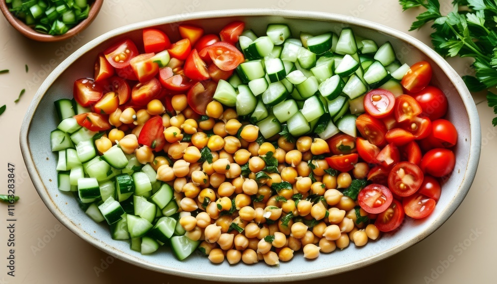 Fresh Mediterranean Chickpea Salad in a Serving Bowl with Colorful Vegetables Fresh Mediterranean Chickpea Salad in a Serving Bowl with Colorful Vegetables