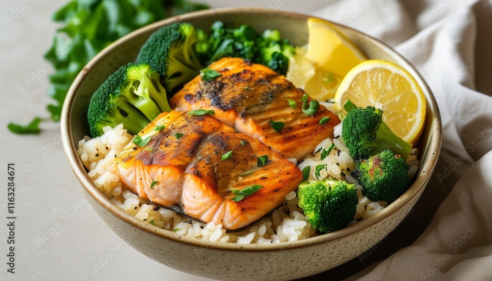 Low FODMAP Baked Salmon Bowl with Broccoli, Lemon, and Rice on a Neutral Background Low FODMAP Baked Salmon Bowl with Broccoli, Lemon, and Rice on a Neutral Background