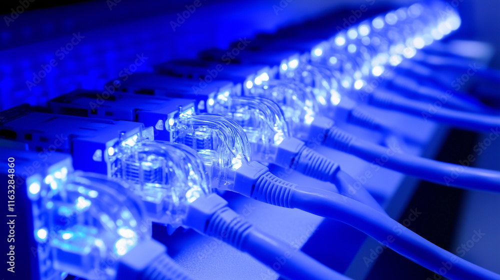 Close-up of a secure telecom server room with glowing blue lights, showcasing advanced cybersecurity technology and data protection infrastructure.