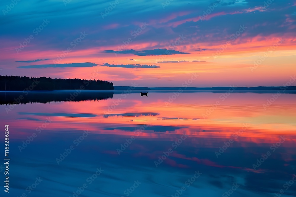 A breathtaking sunset paints the sky with vibrant oranges and pinks, reflected perfectly in a still lake. A lone boat sits calmly on the water, silhouetted against the fiery horizon. The scene evokes A breathtaking sunset paints the sky with vibrant oranges and pinks, reflected perfectly in a still lake. A lone boat sits calmly on the water, silhouetted against the fiery horizon. The scene evokes