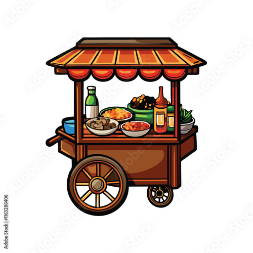 Create a realistic vector illustration of a vibrant street food cart, brimming with delicious Thai dishes, ready to serve hungry customers.