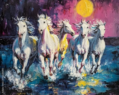 Five White Horses Running Through the Night Sea