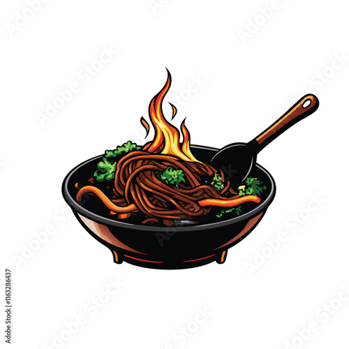 Create a realistic vector illustration of a street food vendor skillfully cooking delicious Pad See Ew on a sizzling wok.  Show vibrant colors and authentic Thai street food atmosphere.