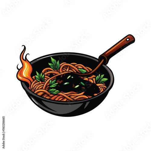 Create a realistic vector illustration of a street food vendor expertly preparing delicious Pad Thai, showcasing vibrant ingredients and authentic cooking techniques.