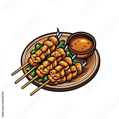 Create a realistic vector illustration of delicious grilled chicken satay skewers, showing char marks and glistening marinade.  Include detail in the meat and skewers.