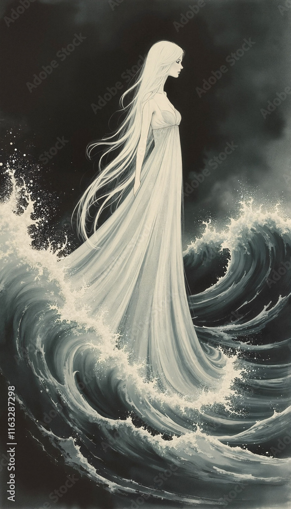 Ghostly figure standing in crashing waves, with long flowing hair and a white gown Ghostly figure standing in crashing waves, with long flowing hair and a white gown