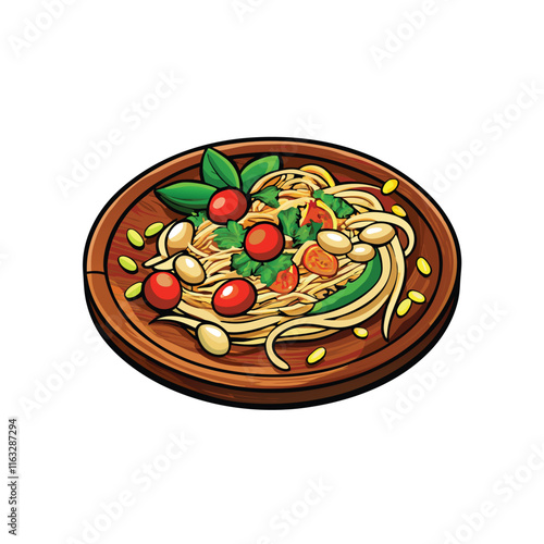 Create a realistic vector illustration of Som Tum, a vibrant Thai green papaya salad, showcasing its textures and ingredients.  Include details like pounded papaya, tomatoes, peanuts, and chilies.