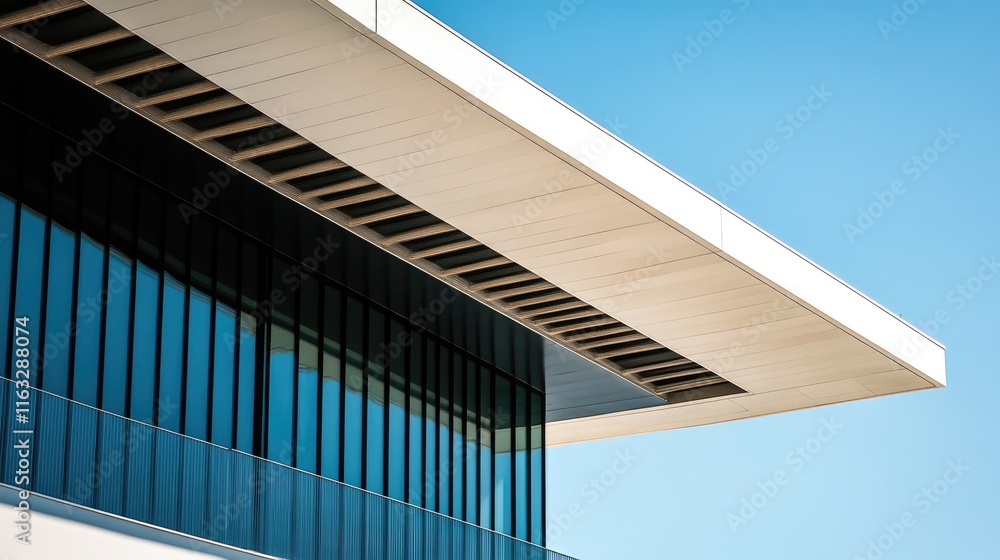 Obraz premium Modern building detail glass facade, white overhang, blue sky.