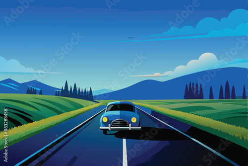 Design a vibrant vector background illustrating a scenic highway road trip, emphasizing a sunset over rolling hills. Include a classic car.