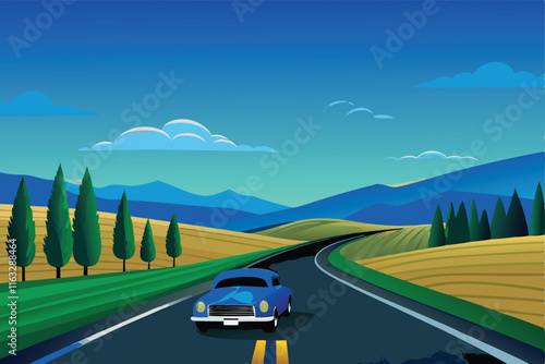 Create a vibrant vector illustration of a scenic highway road trip, emphasizing a captivating landscape with curving road.