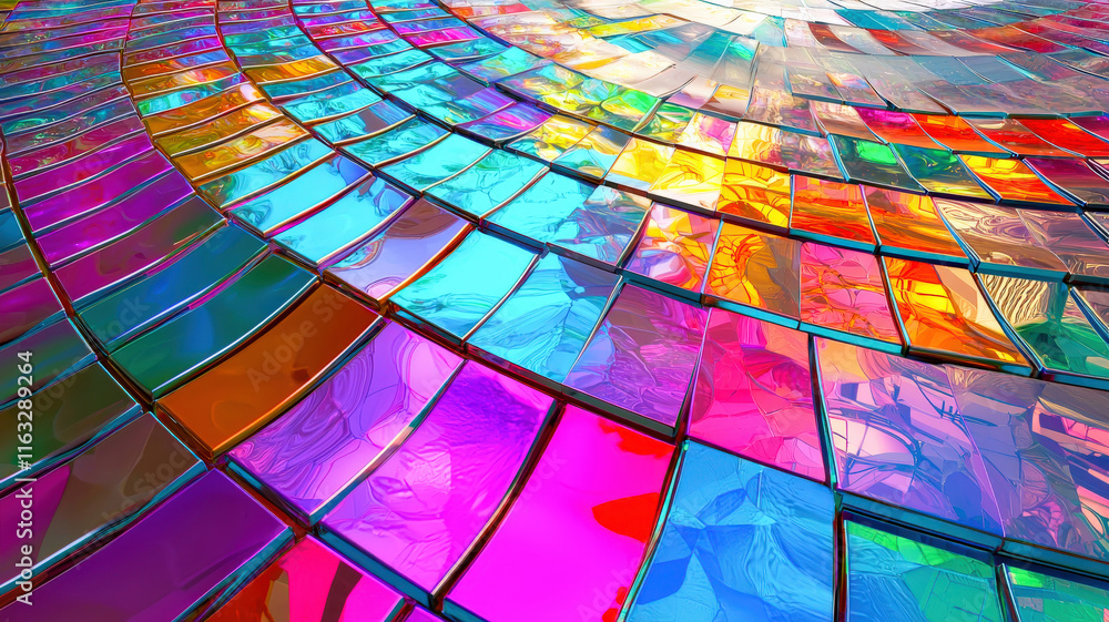 Obraz premium A detailed mosaic plot with glowing, multicolored tiles arranged in a unique pattern, set on a futuristic reflective surface, creating a vibrant, high-tech data visualization effect. 