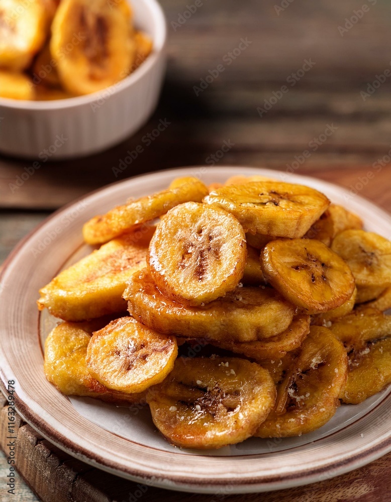 Fried slices of ripe plantains, a traditional and popular snack. Generated image Fried slices of ripe plantains, a traditional and popular snack. Generated image