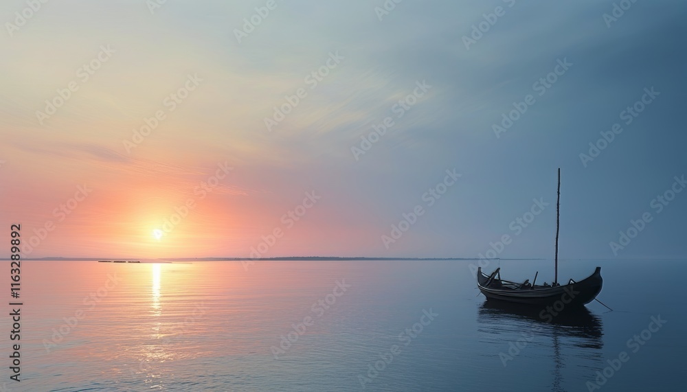 Tranquil Dawn on Serene Water with Lonely Boat and Soft Gradient Sky Colors Tranquil Dawn on Serene Water with Lonely Boat and Soft Gradient Sky Colors
