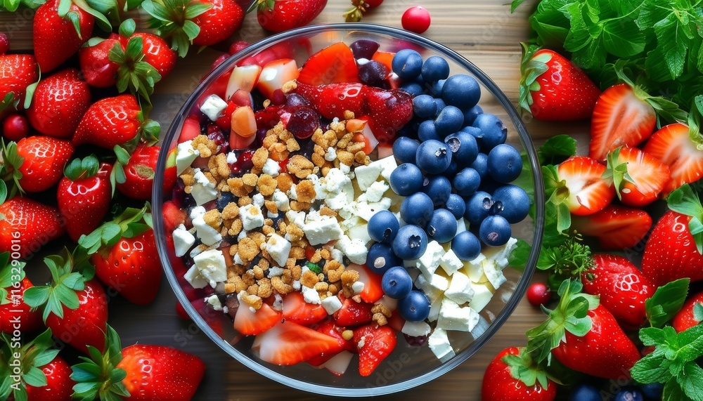 Fresh Berry Salad with Strawberries and Blueberries in a Glass Bowl Surrounded by Berries Fresh Berry Salad with Strawberries and Blueberries in a Glass Bowl Surrounded by Berries