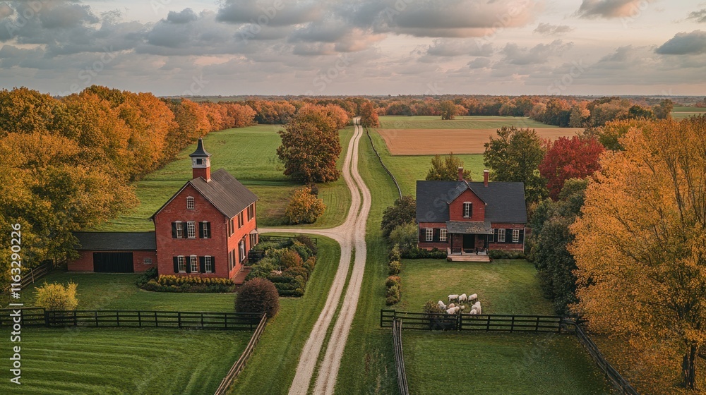Obraz premium Aerial view of two red brick farmhouses on a long dirt road, surrounded by autumn foliage.