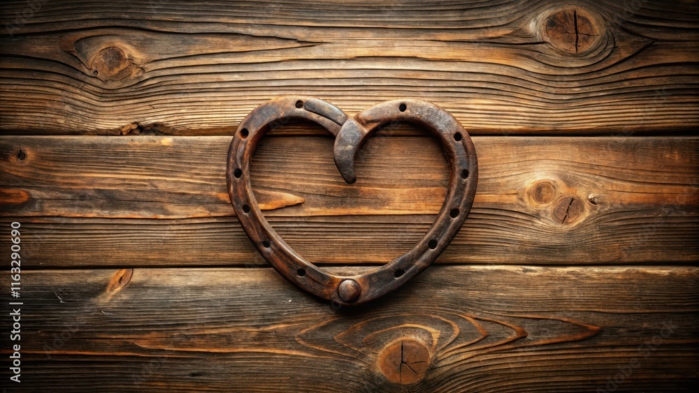 Rustic Horseshoe Heart Shaped Decor on Weathered Wood Background Rustic Horseshoe Heart Shaped Decor on Weathered Wood Background