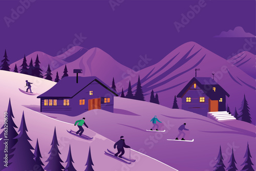 Create a vibrant vector illustration of a snowy ski slope at a bustling ski resort, showcasing skiers and snowboarders enjoying the winter wonderland.