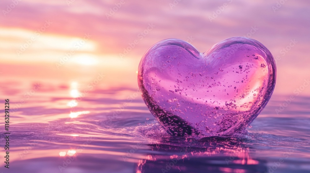Fototapeta premium A luxurious heart-shaped object in radiant pink and purple tones, gently set afloat on calm water with animated droplets creating movement.