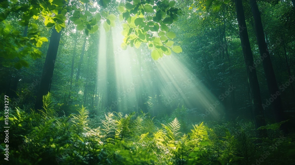 Sunbeams Illuminating a Lush Green Forest Sunbeams Illuminating a Lush Green Forest