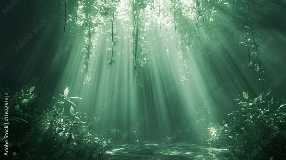 Sunbeams in the Emerald Forest: A Mystical Nature Scene Sunbeams in the Emerald Forest: A Mystical Nature Scene