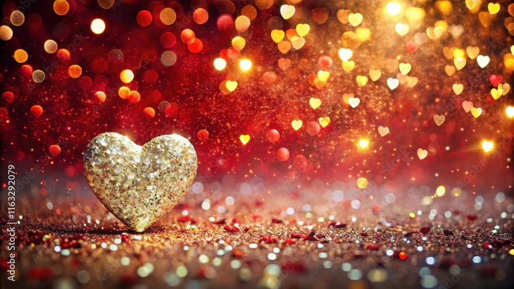 A Sparkling Golden Heart Rests on Red Glittering Surface with Heart-Shaped Bokeh A Sparkling Golden Heart Rests on Red Glittering Surface with Heart-Shaped Bokeh