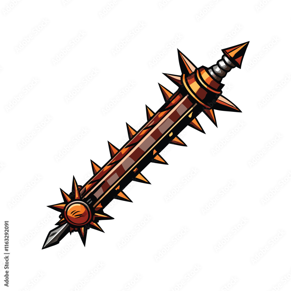 A meticulously detailed rendering of a spiked gladiator sword; showcasing its brutal, lethal design and menacing spike. A meticulously detailed rendering of a spiked gladiator sword; showcasing its brutal, lethal design and menacing spike.