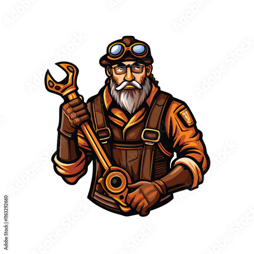 A grizzled steampunk engineer, rugged and determined, meticulously repairs intricate clockwork machinery.  His tools lay scattered nearby.