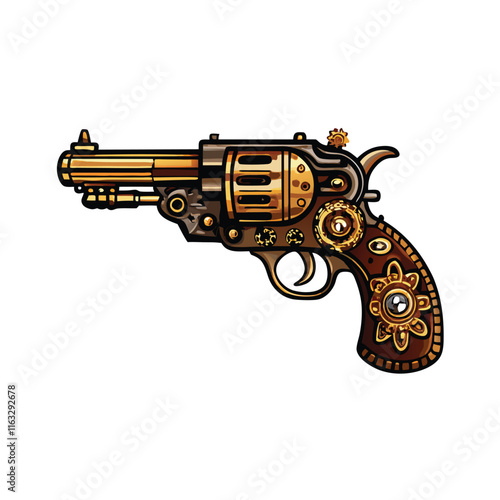 Render a detailed steampunk revolver; intricate brass gears visibly integrated into the firearm's mechanism.  Showcase its metallic textures and aged patina.