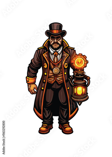 A dashing steampunk time traveler, meticulously detailed, in a magnificent brass and leather ensemble, holding a miniature timepiece.