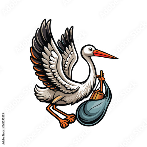 A colorful vector sketch engraving of a stork crane delicately carrying a baby.  Illustrative style with emphasis on detail.